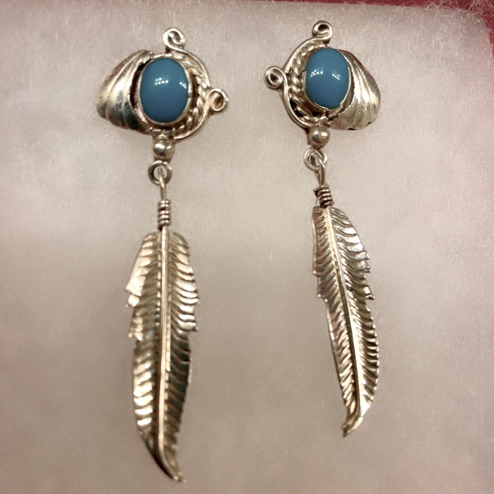 Rare Vintage Large Native American Signed Turquoise Sterling Silver Earrings